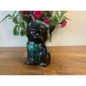 Blue Mountain Pottery Cat Figurine Teal Green Black Drip Glaze Canada MCM Kitty